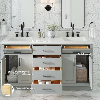ARIEL Hepburn 66-inch Bathroom Vanity with Sink,Solid Wood, 1.5-inch Pure White Quartz Countertop & Backsplash, Double Rectangular Porcelain Sink, 4 Soft Closing Doors, 6 Dovetail Drawers, Grey
