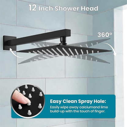 gotonovo Bathtub Shower Faucet Set, 12 Inch Shower Head, Matte Black | Wall Mounted Shower System with Tub Spout for Bathroom, Square High Pressure Rain Shower head with Handheld Spray, All Metal