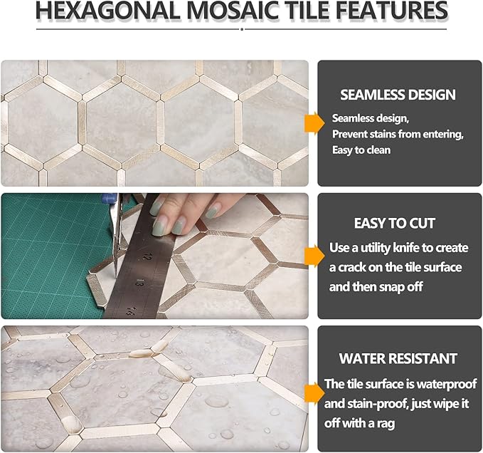 STICKGOO Hexagon Peel and Stick Backsplash Tile, Stick on Backsplash for Kitchen and Bathroom, Beige Marble Look PVC Mixed Metal Gold Self Adhesive Wall Tiles(Sample, Seamless)