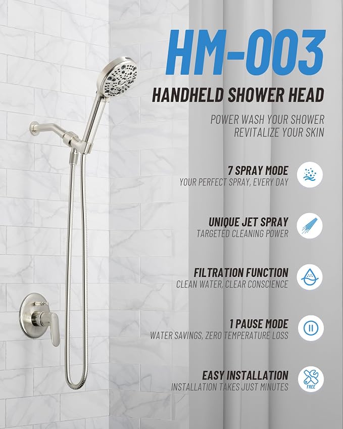 Filtered Handheld Shower Head for Hard Water, High Pressure Showerhead with 7 Spray Modes, Power Jet & Pause, Detachable & Adjustable for Healthier Skin & Hair - Brushed Nickel (VMASSTONE HM-003)