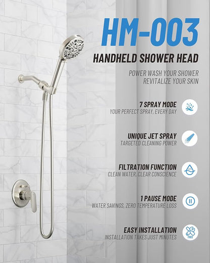 Filtered Handheld Shower Head for Hard Water, High Pressure Showerhead with 7 Spray Modes, Power Jet & Pause, Detachable & Adjustable for Healthier Skin & Hair - Brushed Nickel (VMASSTONE HM-003)