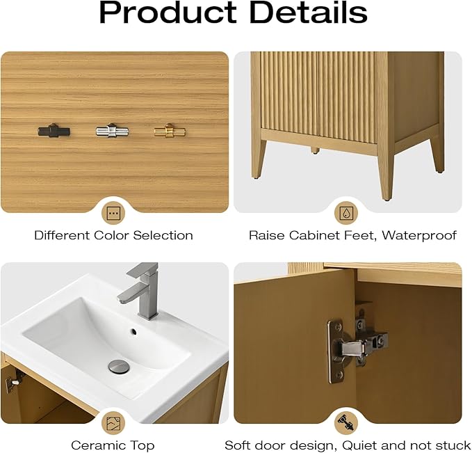 Vanity Art 24 inch Oak Bathroom Vanity with Single Sink & Ceramic Top, Vanity Cabinet with Soft-Closing Door, Solid Wood Frame, Linear Pattern, Natural Oak, VA9124-NO-MB,Matte Black Handles