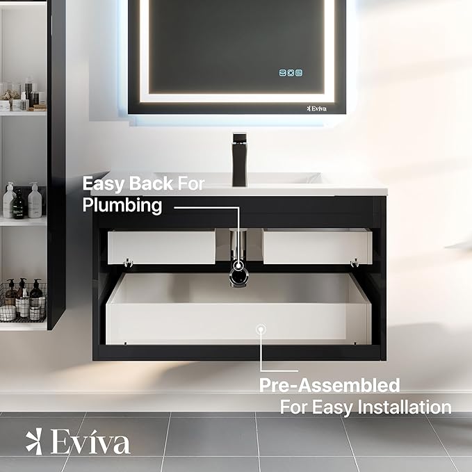 Eviva Joy 40 in. Black Wall MountSingle Sink Bath Vanity with Porcelain Top and Integrated Sink