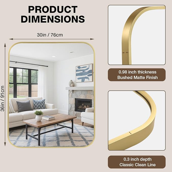 30"x36" Bathroom Mirror for Over Sink, Brushed Gold Rectangle Vanity Mirror | Aluminum Alloy Frame, Clear Reflection, Rust-Resistant, Vertical or Horizontal, Wall Mount, Bedroom and Entryway