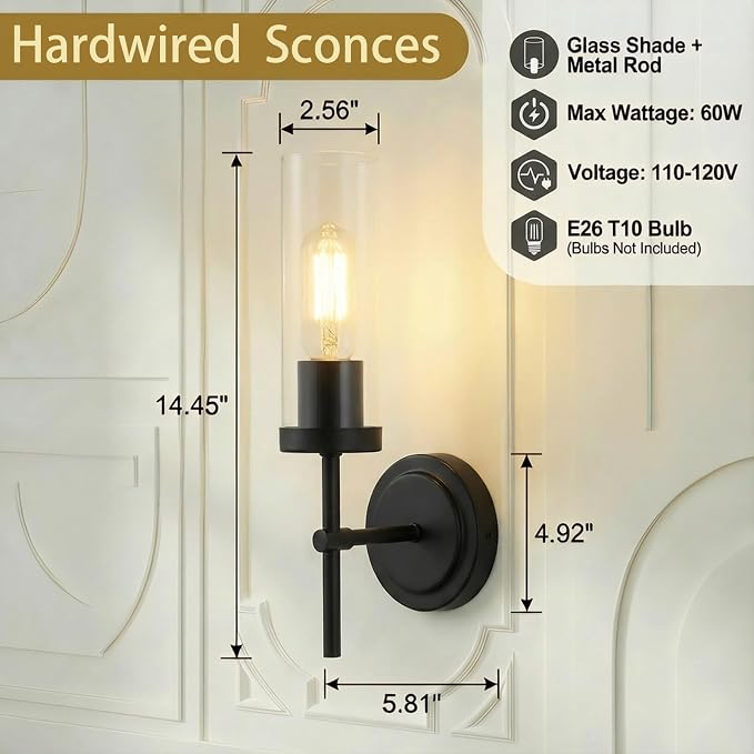Hardwired Black Wall Sconce Bathroom sconces Vanity Light fixtures | Modern Wall light Fixtures with Clear Glass, for Bathroom Mirror Living Room Bedroom Hallway Stairs
