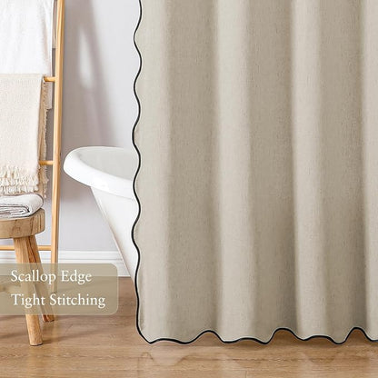 Linen Scallop Shower Curtain with 12 Clear Hooks, Waterproof, 72x84, Beige | Cute Washable Heavy Duty Thick Fabric with Black Border, Neutral Modern Farmhouse Boho Décor