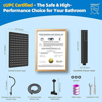 Hibbent All Metal cUPC Certified Shower Head, 12'' High Pressure Rainfall Showerhead Combo, Handheld Shower Wand, 12'' Adjustable Extension Arm, 4-Spray, 71'' Hose, Brass Shower Holder, Matte Black