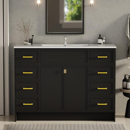 48 Inch Freestanding Bathroom Vanity with Sink, Shaker Style Black Cabinet with 8 Drawers & Double Doors, Waterproof Lacquer Finish, Maximum Multi-Drawer Storage for Master Bathroom