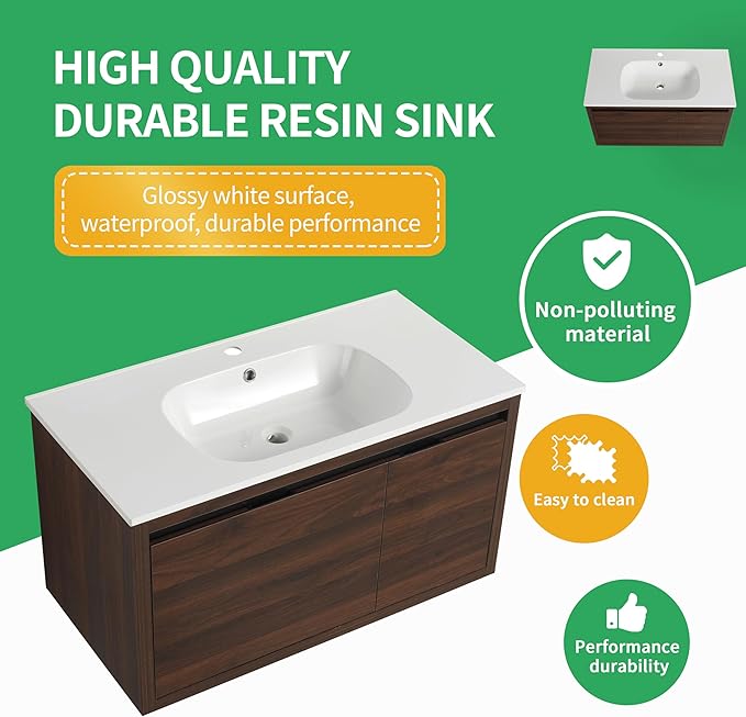 36 Inch Bathroom Vanity with Sink,Wall Mounted Bathroom Vanity Sink Combo w/Soft Close Door&Drawer for Large Space,Modern Floating Bathroom Vanity w/Top Basin&Brown Storage Cabinet