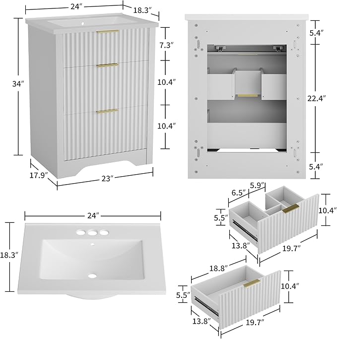 IDEALHOUSE 24" White Fluted Bathroom Vanity with Sink, Farmhouse Freestanding Bathroom Sink Cabinet with 2 Drawers & 1 Flip-Down Drawer, Easy Assembly & Cleaning