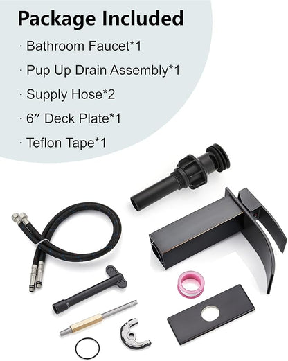 Midanya Bathroom Faucet with Waterfall Spout, Single Hole or 3-Hole Deck Mount, 304 Stainless Steel Sink Faucet with Pop-Up Drain, RV Vanity Compatible,Oil Rubbed Bronze