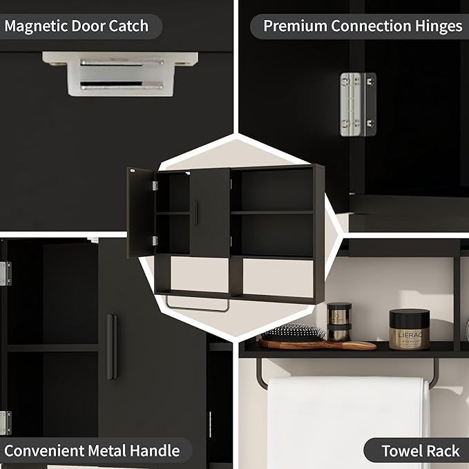 Bathroom Wall Cabinet, Medicine Cabinet, with Towel Bar & 2 Doors, Black