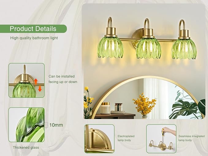 Gold Bathroom Light Fixtures, 20 Inch Vintage Vanity Lights for Bathroom, 3-Light Modern Vanity Lights with Ribbed Green Tulip Glass Shade, Wall Lamp for Mirror Living Room Hallway