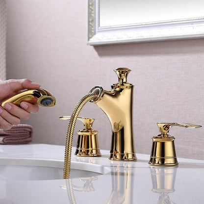 BiaoTeng Bathroom Faucets for Sink 3 Hole Pull Out Hot and Cold Double Handle Three Hole Bathroom Faucet with Pullout Spray Brass Gold