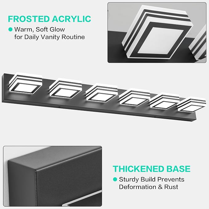SOLFART Modern Black Vanity Lights Fixtures: 6 Lights Acrylic LED Matte Black Vanity Lights for Bathroom 39inch