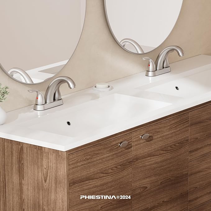 Phiestina Centerset 4 Inch Brushed Nickel 2 or 3 Holes Stainless Steel Bathroom Sink Faucet 2 Pack, 2 Handle Bathroom Faucet with Copper Pop Up Drain and Water Supply Lines, BF008-5-BN-2PACK
