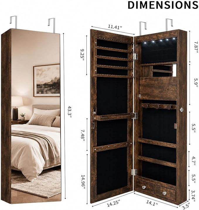 Lockable Jewelry Cabinet Organizer with Full Length Mirror, 6 Auto LED Lights, Wall & Over Door Mount Jewelry Armoire with Earring Slots, Necklace Hooks, Foldable Makeup Shelf