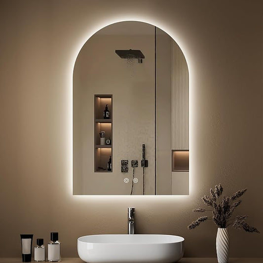 Arched Backlit Mirror Bathroom 20"x30"- Frameless LED Bathroom Mirror with Lights, Fogless, Dimmable, 3 Color Changing, Shatterproof, Touch Sensor