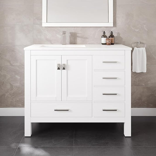 Eviva London 42 in. White Single Sink Bath Vanity with Carrara Quartz Top and Left Porcelain Sink