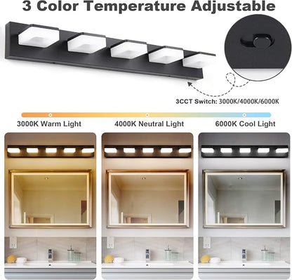 3 Colors Dimmable Black Vanity Light, LED Bathroom Light Fixtures over Mirror, Acrylic Stainless Steel Vanity Lighting Fixtures, 5 Light Bathroom Vanity Light,Adjustable 3000K/4000K/6000K,360° Rotate