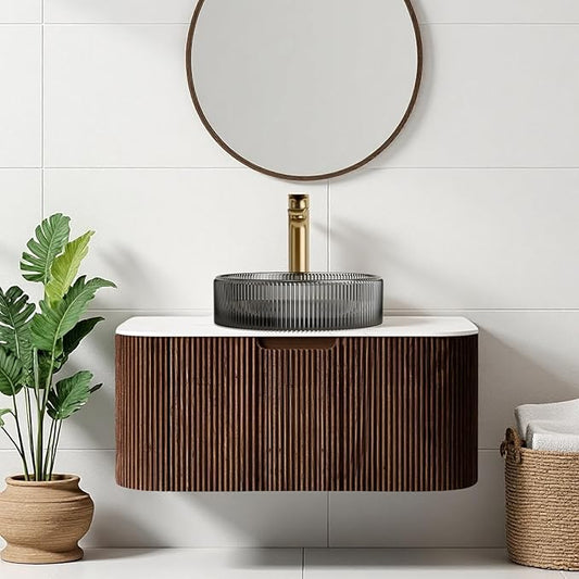 30" Floating Bathroom Vanity with Sink, Natural Solid Wood Modern Bathroom Cabinet with Round Transparent Black Glass Basin and Marble Top, Soft-Close Drawer, Pre-Assembled, Dark Walnut