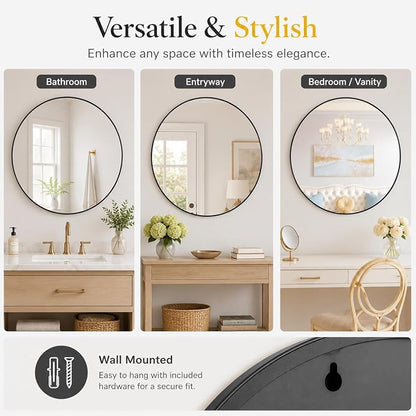 Garvee 20 Inch Round Wall Mirror Black Metal Frame Circle Design Bathroom Decor