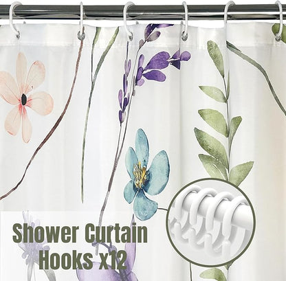 Wildflowers Shower Curtain, Watercolor Bright Floral and Plant Leaf Pattern, Waterproof Polyester Fabric Shower Curtains Sets with Hooks for Bathroom 72x72 Inches