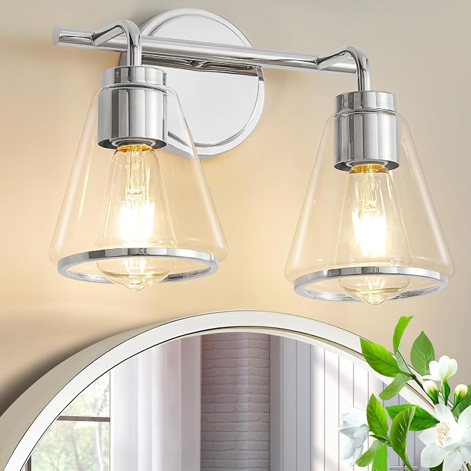 Bathroom Light Fixtures Over Mirror Polished Nickel Vanity Light 2-Lights | Bathroom Vanity Lights with Clear Glass Shade, 14 inch Vanity Lighting Fixtures, Modern Wall Sconces Bath Light