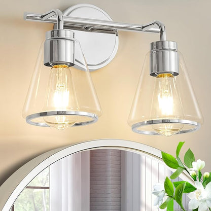 Bathroom Light Fixtures Over Mirror Polished Nickel Vanity Light 2-Lights | Bathroom Vanity Lights with Clear Glass Shade, 14 inch Vanity Lighting Fixtures, Modern Wall Sconces Bath Light