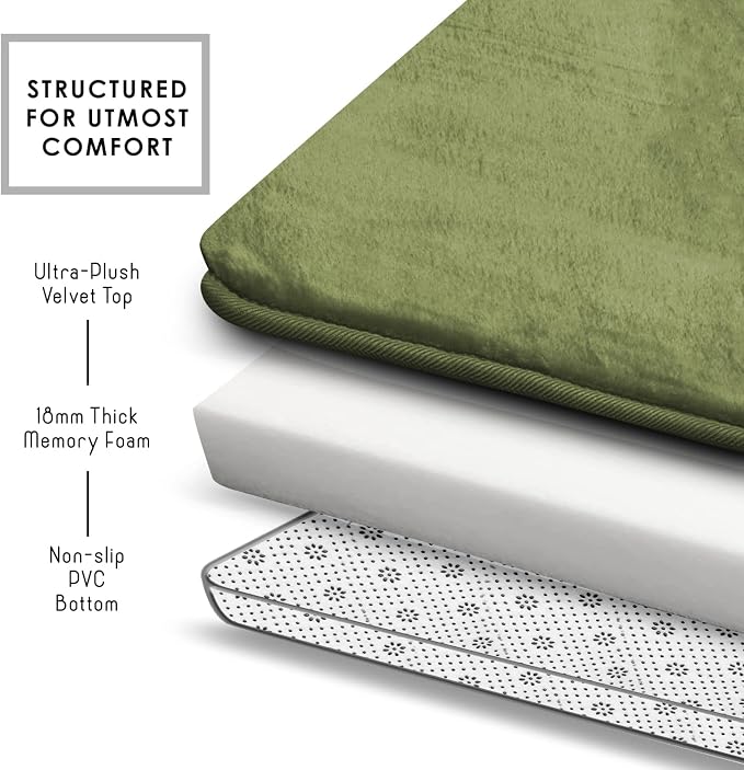 Clara Clark 3 Piece Bathroom Rugs Bath Mat Set, Velvet Memory Foam Bath Mats for Bathroom - Non-Slip, PVC Backing Bath Rugs, Washable - Dries Quickly, Green