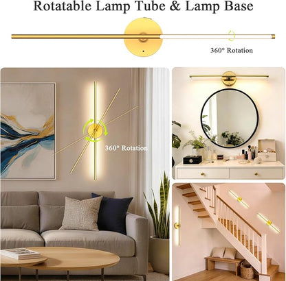 Battery Operated Wall Sconce Set of Two: Gold Wireless Rechargeable Wall Light with 10000mAh Detachable Battery and Remote, 360° Rotatable Scone Wall Decor for Bedroom Hallway Bathroom, 31.5inch