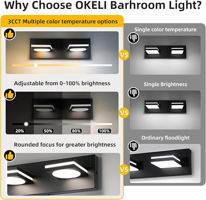 OKELI 2-Light LED Bathroom Vanity Light Fixtures, Matte Black Modern Bathroom Wall Lighting Fixtures Over Mirror (3CCT, 3000K-6000K)