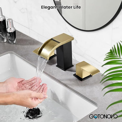 gotonovo Waterfall 8 inch Widespread Bathroom Faucet Set Bathroom Sink Faucet 3 Hole 2 Handle Vanity Lavatory Deck Mount with Pop Up Drain and Water Supply Lines Square Body Gold and Matte Black