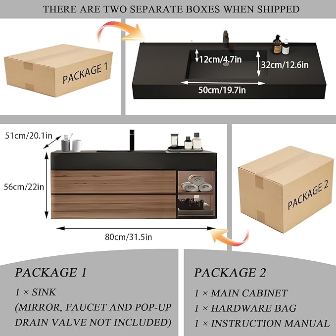 Floating Bathroom Vanity with Sink, Wall Mounted Cabinet with Seamless Integrated Basin, Walnut Color, Solid Wood Bathroom Cabinet, Pre-Assembly, Multiple Scenes (31.5in)