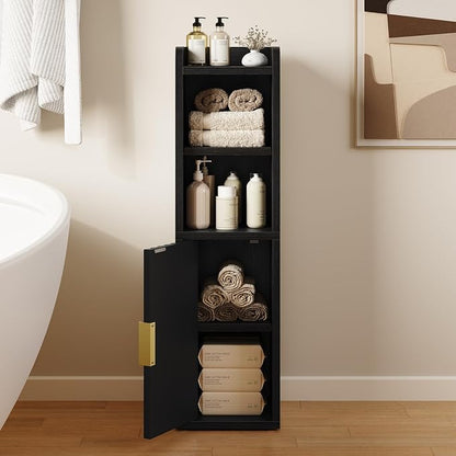 Yoobure Fluted Small Bathroom Storage Cabinet, Narrow Toilet Paper Cabinets | 7.9" D x 7.9" W, Wood Slim Corner Floor Cabinet with Door& Adjustable Shelf, Skinny Bathroom Organizer for Small Spaces,Black