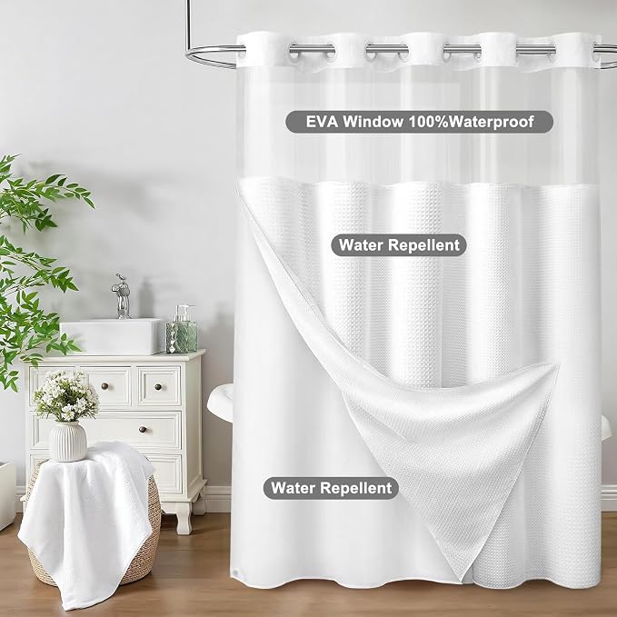 No Hook Shower Curtain with Fabric Liner White Hotel Waffle 75" L x 72" W,EVA Clear Window Shower | Washable Snap in Fabric Liner, Mesh Top Window, Waffle Hotel Style Shower Curtain Set