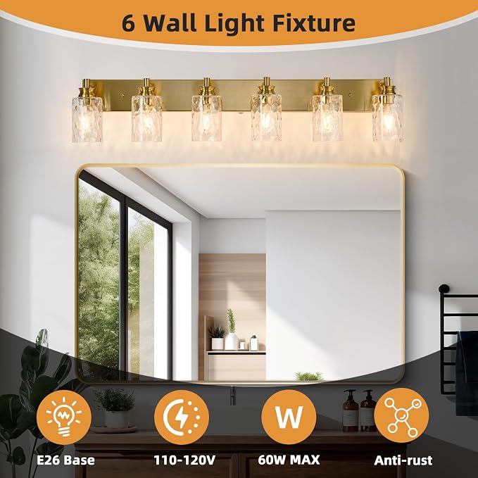 6 Light Bathroom Vanity Light Modern Brushed Gold Bathroom Light Fixtures Over Mirror with Hammered Glass Lampshade for Kitchen Hallway