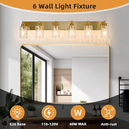 6 Light Bathroom Vanity Light Modern Brushed Gold Bathroom Light Fixtures Over Mirror with Hammered Glass Lampshade for Kitchen Hallway