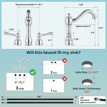 gotonovo 8 Inch Widespread Bathroom Faucets for Sink 3 Hole 2 Lever Handle Deck Mount with Pop Up Drain Hot and Cold Water Supply Lines Polish Chrome