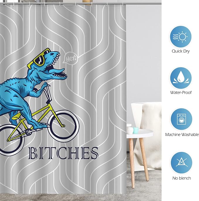 Aimego Stall Small Shower Curtain - Funny Cute Blue Dinosaur Ride A Bike Fun Dino Narrow Half Fabric Cloth Bath Shower Curtain Set for Bathroom Decor Accessories Bath Curtain, 36"x72"