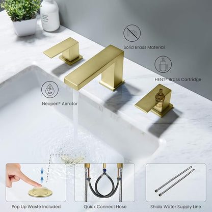 2-Handle Cube Bathroom Sink Faucet with Drain Assembly | 3-Hole Installation, Solid Brass Construction | 8-Inch Wide Spread Lavatory Faucet | Brushed Gold Finish, KBF1024