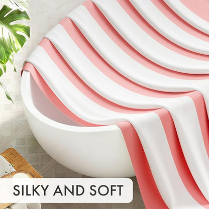 AmazerBath Pink Vertical Stripes Shower Curtain, Cute Pink Stripe Bathroom Shower Curtain with 12 Shower Curtain Hooks, Rustic Fabric Pink and White, 72x72 Inches