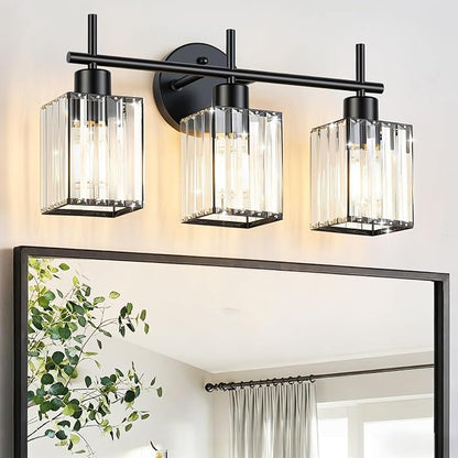Black Bathroom Light Fixtures, Square, 3-Light | Vanity Lights with Crystal Shades, Modern Bathroom Lighting Fixtures over Mirror (Bulbs Not Included, E26)