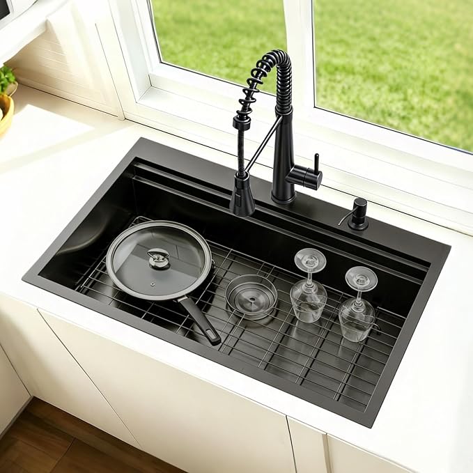 33x22 Black Drop In Kitchen Sink, 33 Inch Topmount Gunmetal Black Stainless Steel Single Bowl Overmount Double Ledges Workstation Sink with Accessories