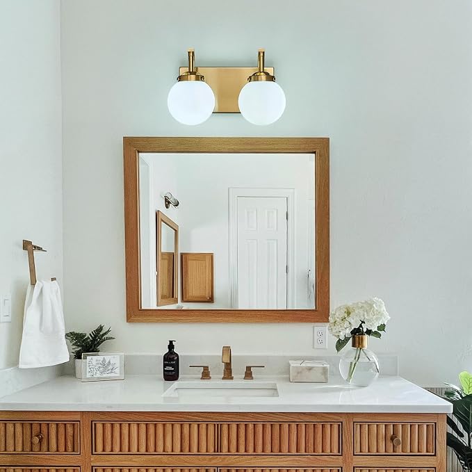 2 Lights Bathroom Vanity Light Fixtures Modern Gold Vanity Light with Milk White Glass Globe Shade Bathroom Lighting Over Mirror Wall Sconce for Bedroom Living Room Hallway