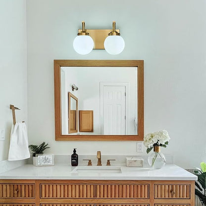 2 Lights Bathroom Vanity Light Fixtures Modern Gold Vanity Light with Milk White Glass Globe Shade Bathroom Lighting Over Mirror Wall Sconce for Bedroom Living Room Hallway