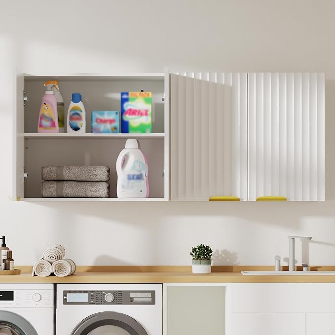 ChooChoo Bathroom Wall Cabinet, Laundry Room Cabinet with 4 Fluted Doors | Kitchen Storage Cupboard Cabinet with Adjustable Shelf, Fluted Wall-Mounted Medicine Cabinet for Kitchen, Garage, White