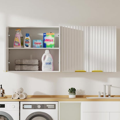 ChooChoo Bathroom Wall Cabinet, Laundry Room Cabinet with 4 Fluted Doors | Kitchen Storage Cupboard Cabinet with Adjustable Shelf, Fluted Wall-Mounted Medicine Cabinet for Kitchen, Garage, White