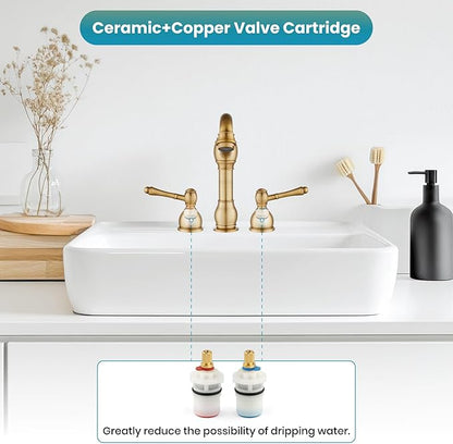 gotonovo 8 Inch Widespread Bathroom Faucets for Sink 3 Hole 2 Lever Handle Deck Mount with Pop Up Drain Hot and Cold Water Supply Lines Antique Brass