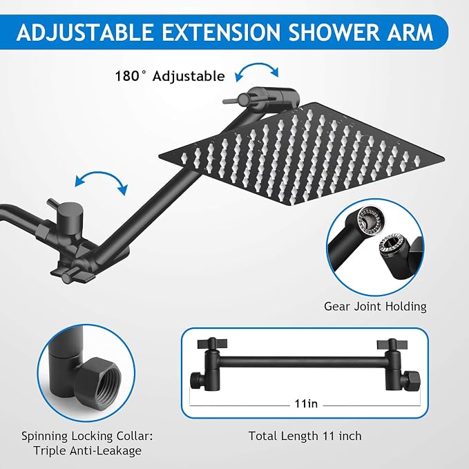 Shower Head Combo, 8 Inch High Pressure Rain with 11 Inch Adjustable Extension Arm and 5 Settings Handheld, Powerful Spray Against Low Water Pressure- Matte Black